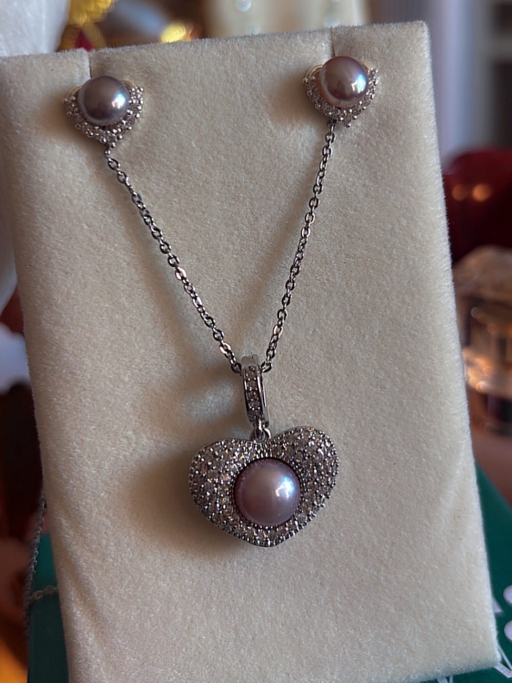 Crystal Encrusted Heart Pendant Earring Set |Genuine Pink Pearl ~ copied listing
